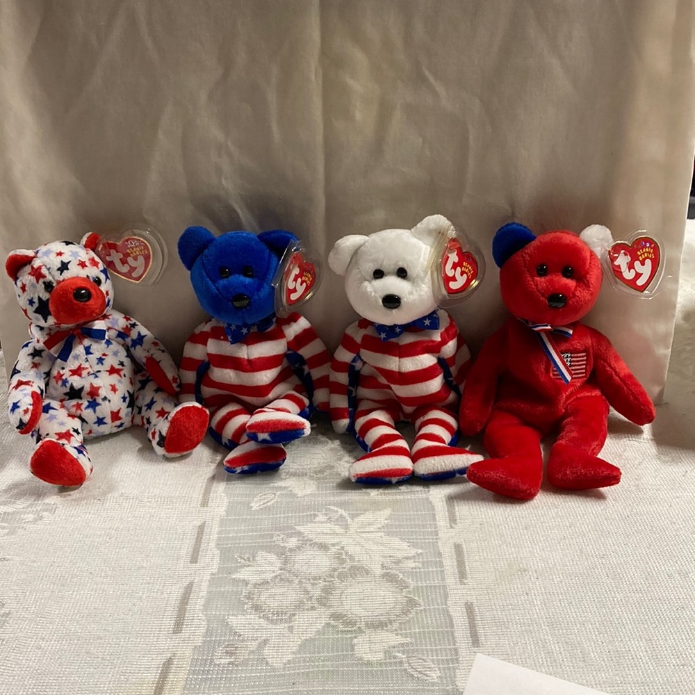 Ty Beanie Babies Lot of 4 Patriotic America Liberty White Face Blue Face Red 8”